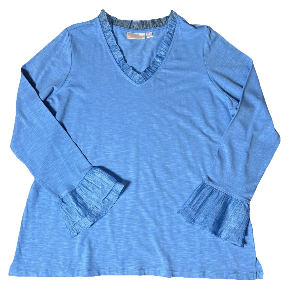 Belle by Kim Gravel Womens Large Blue Ruffled Flare Long Sleeve Blouse Feminine